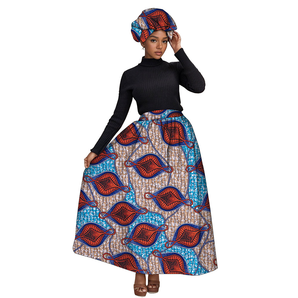 African Women's Long High Waist  Ankara Print Skirt Matching Headwrap WY1270