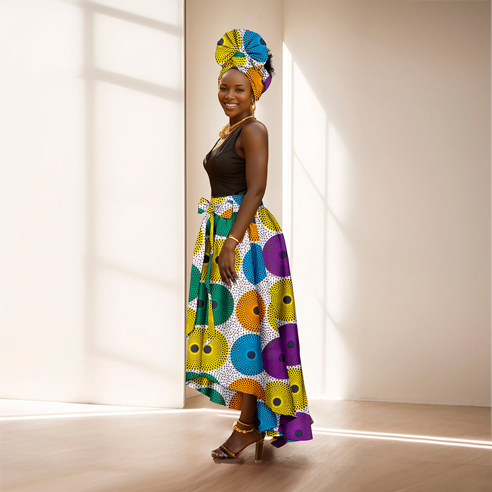 African Women's Long High Waist Maxi Skirt Ankara Print Matching Headwrap WY10072