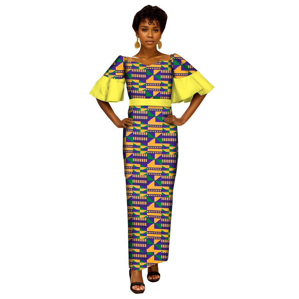 African Women's Dress   Ankara Multicolor Short Sleeve Package Hip Long Dress WY6761