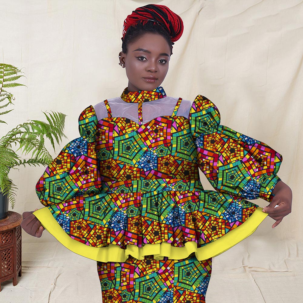 2 Pieces Set Women Skirt and Top Set African Clothes for Women Print Clothing Ankara Blouse and Split Skirts Suits Set WY8456