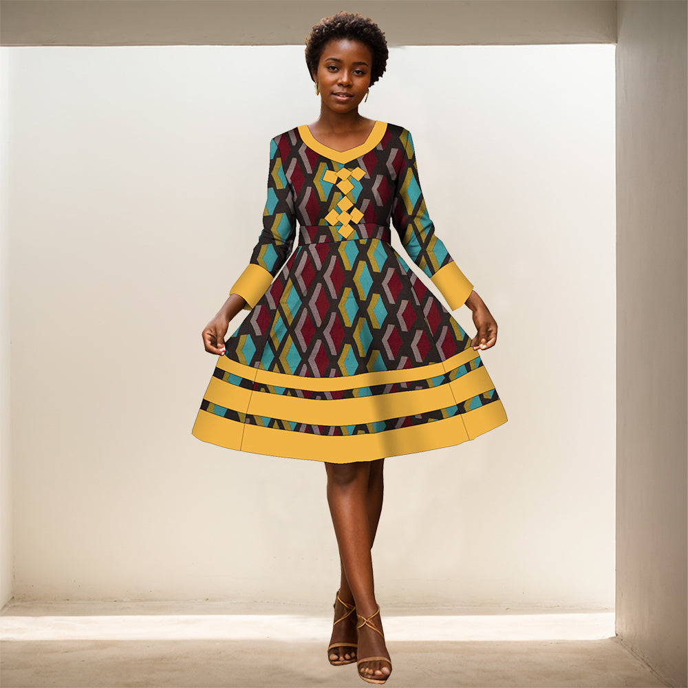 African Women dress long sleeve patchwork knee-length high-waisted dress WY3001