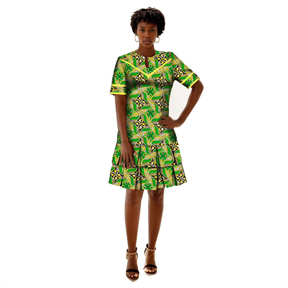 African Women Dresses   Ankara Wax Print Clothing  Short Sleeve Dress WY9880