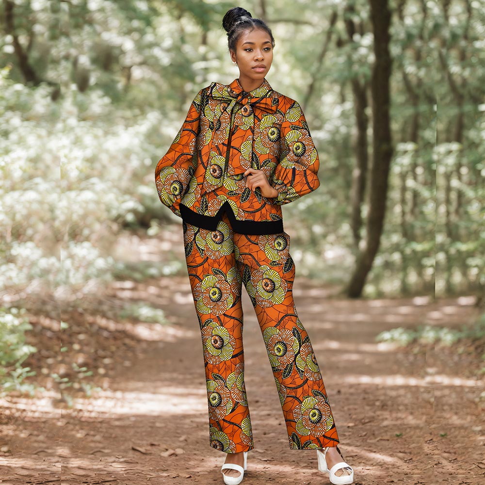 African women suit Long sleeve bow top and pants suit WY8565