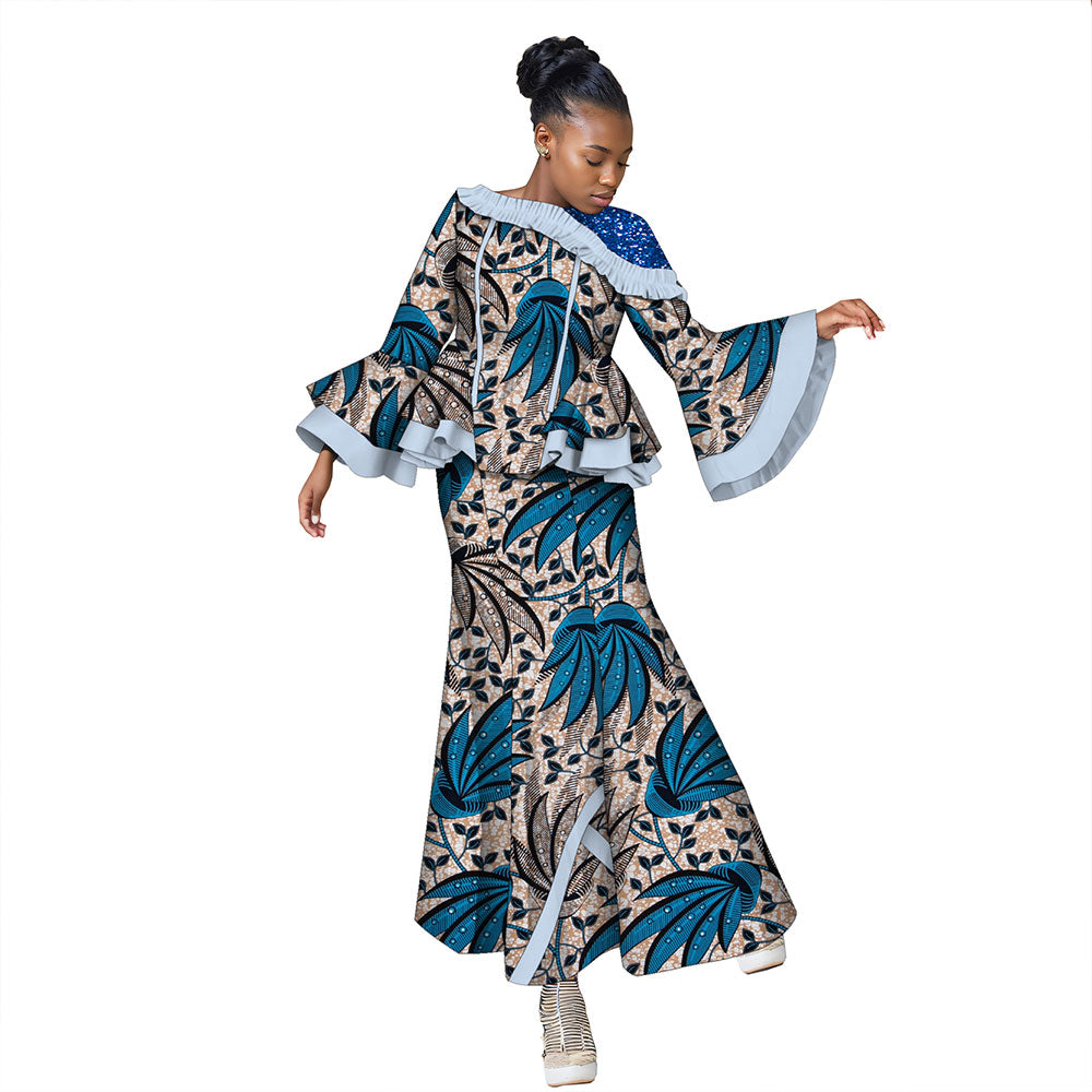 African women's set 2-piece long-sleeved top with floor-length skirt WY060