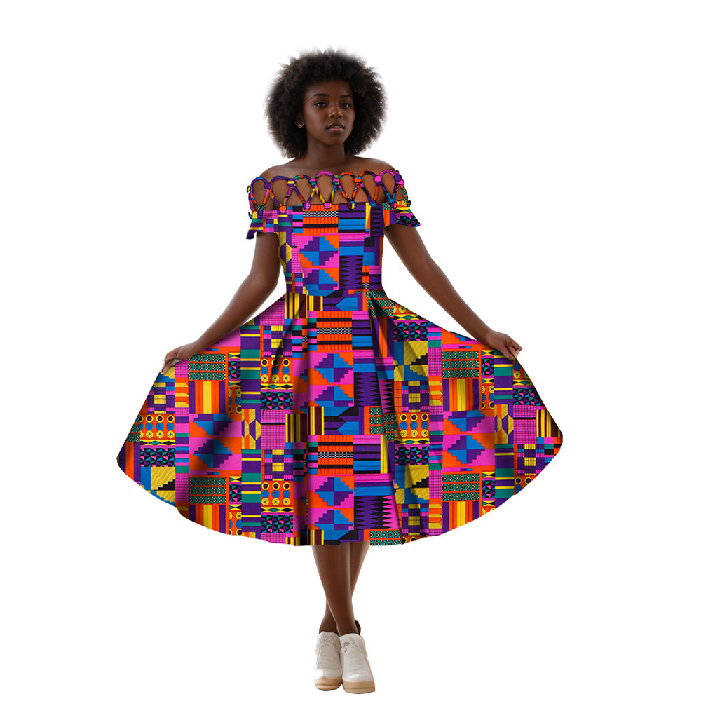 African women's clothing Cotton rope woven collar African printed wax clothing over knee length women's clothing  WY335