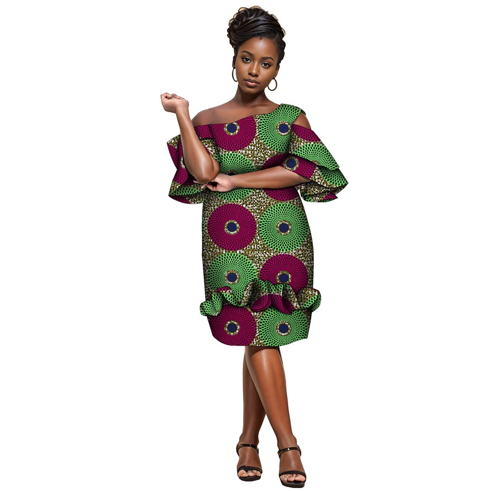 African Women Print Dress  Knee Length Dress with Ruffle Edge   Fashion Ankara Dress WY5294