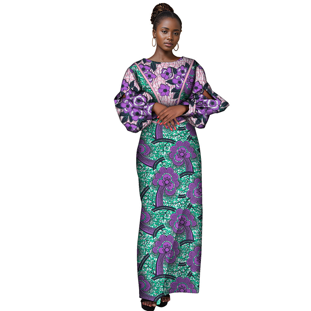 African women dress  crew neck patchwork long sleeve high waisted party dress WY9991