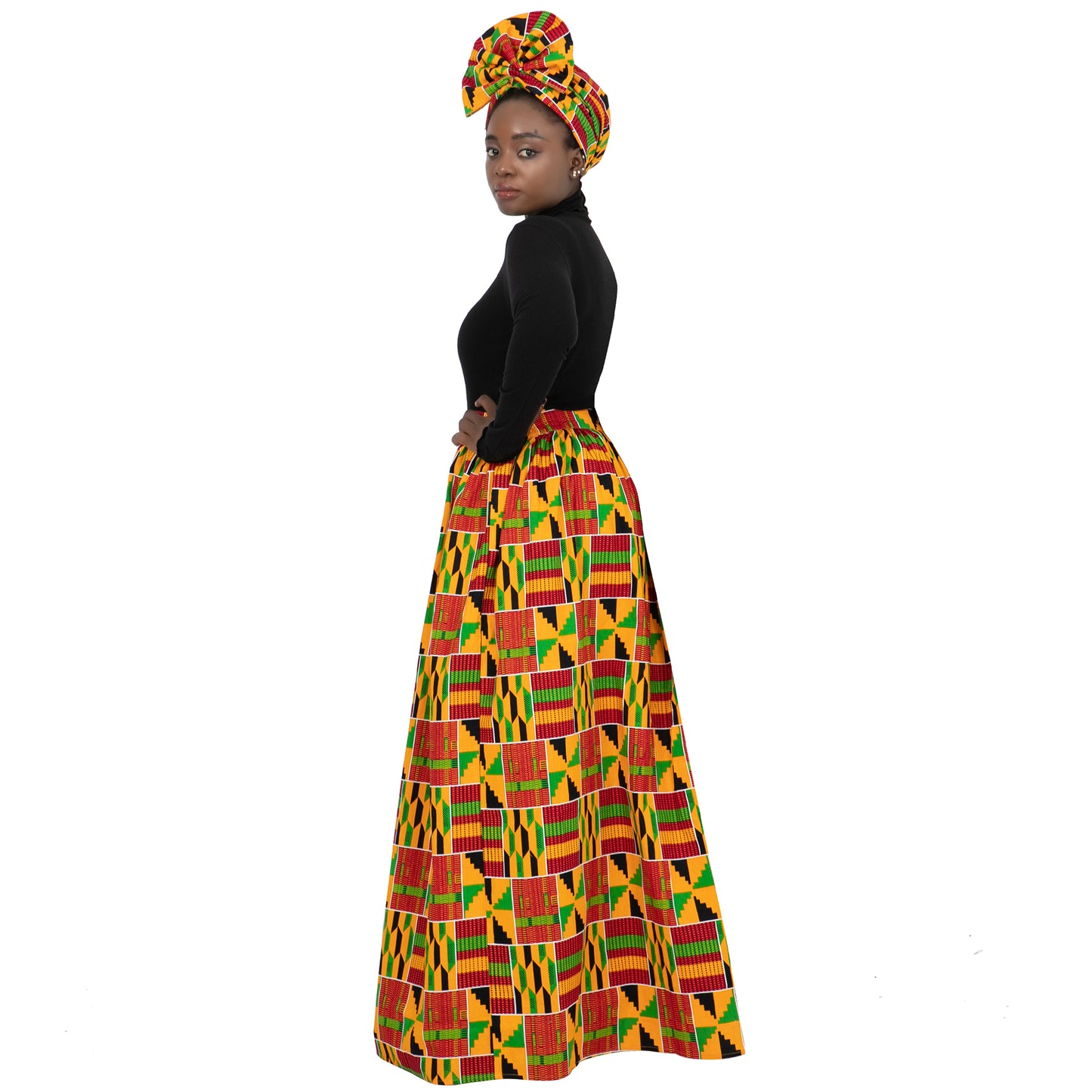 Women's Long High Waist Maxi Cotton African Skirt Ankara Print Matching Headwrap WY1270