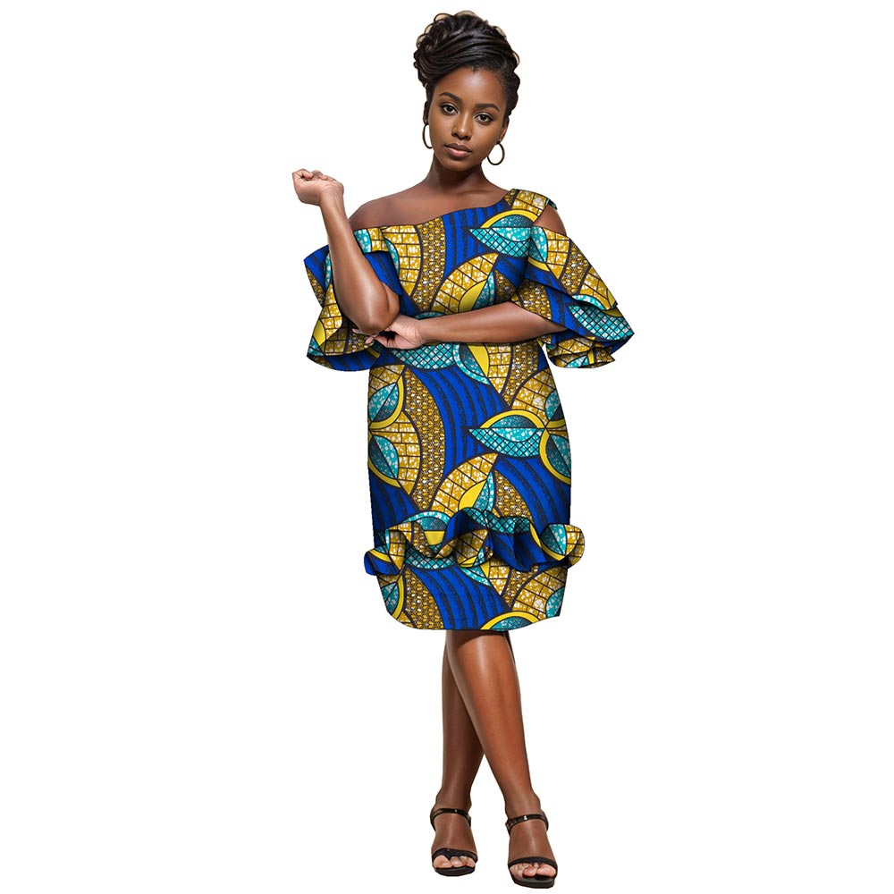 African Women Print Dress  Knee Length Dress with Ruffle Edge   Fashion Ankara Dress WY5294