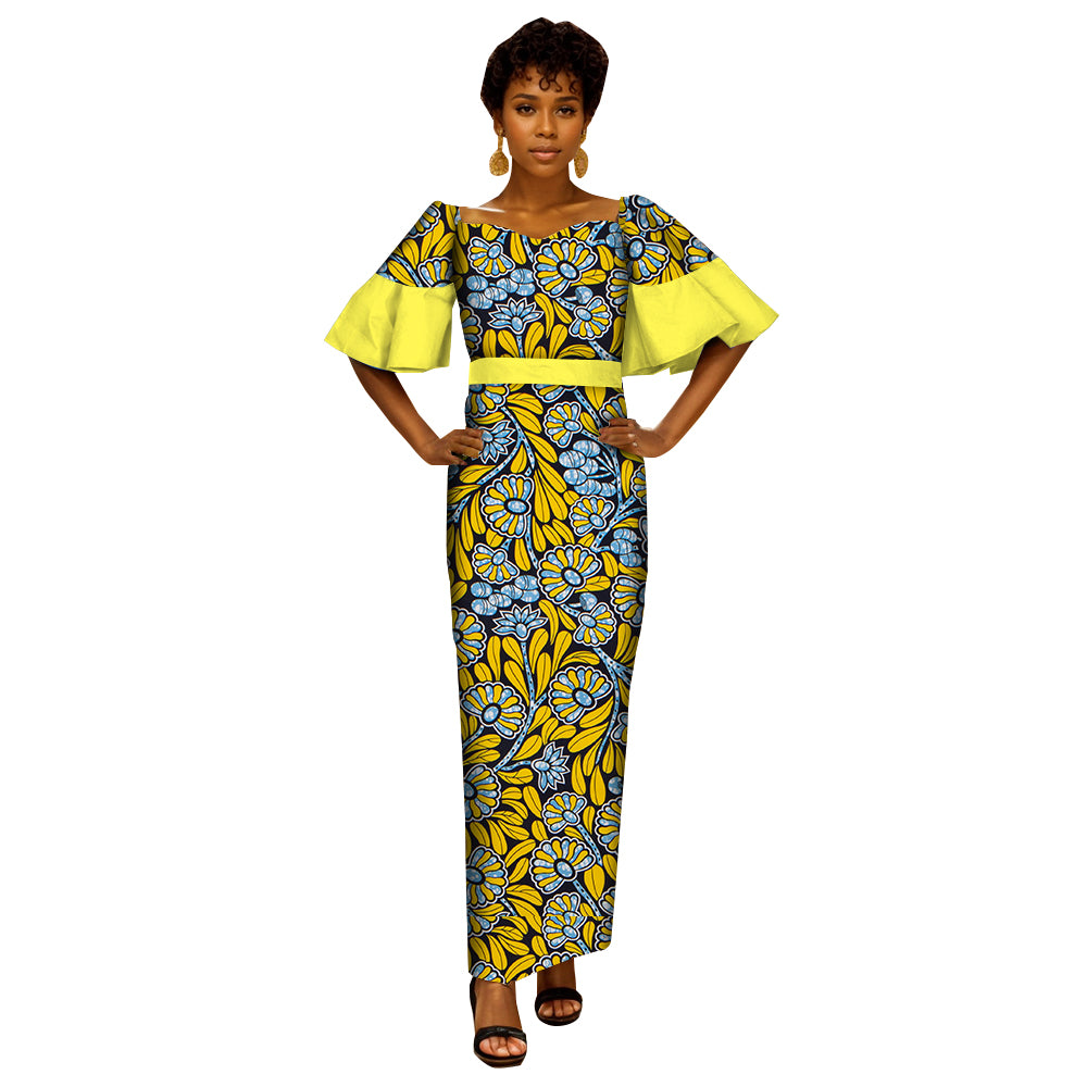 African Women's Dress   Ankara Multicolor Short Sleeve Package Hip Long Dress WY6761