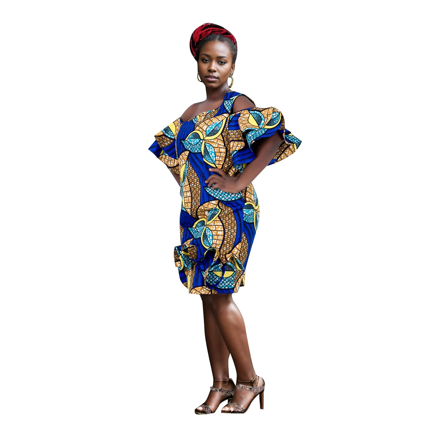 Women African Print Dress Summer Knee Length Dress with Ruffle Edge Fashion Ankara Dress WY5294