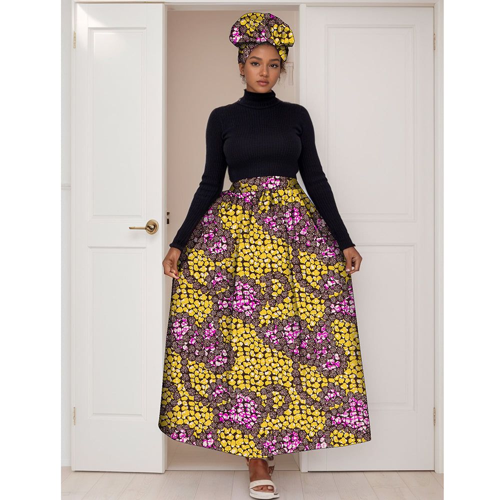 African Women's Long High Waist  Ankara Print Skirt Matching Headwrap WY1270