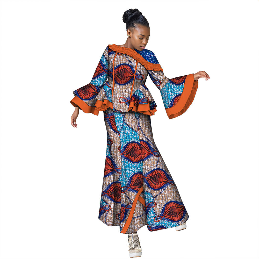 African women's set 2-piece long-sleeved top with floor-length skirt WY060