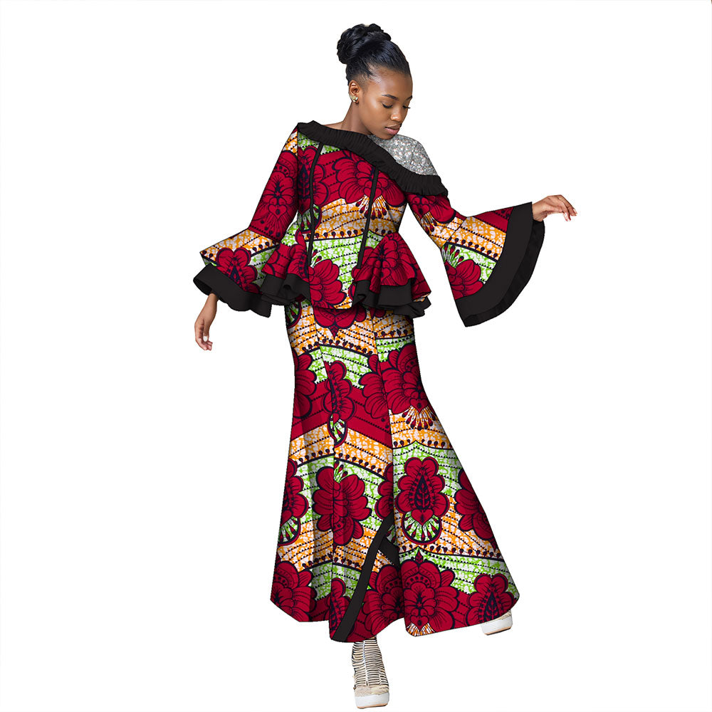 African women's set 2-piece long-sleeved top with floor-length skirt WY060