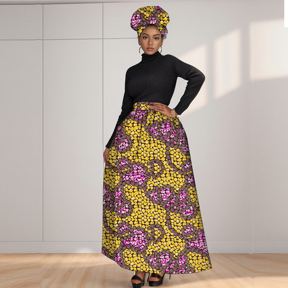 African Women's Long High Waist  Ankara Print Skirt Matching Headwrap WY1270