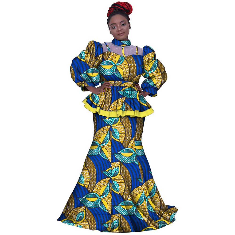 2 Pieces Set Women Skirt and Top Set African Clothes for Women Print Clothing Ankara Blouse and Split Skirts Suits Set WY8456