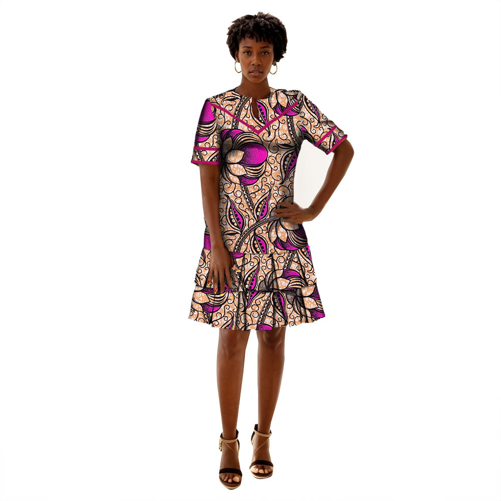 African Women Dresses   Ankara Wax Print Clothing  Short Sleeve Dress WY9880