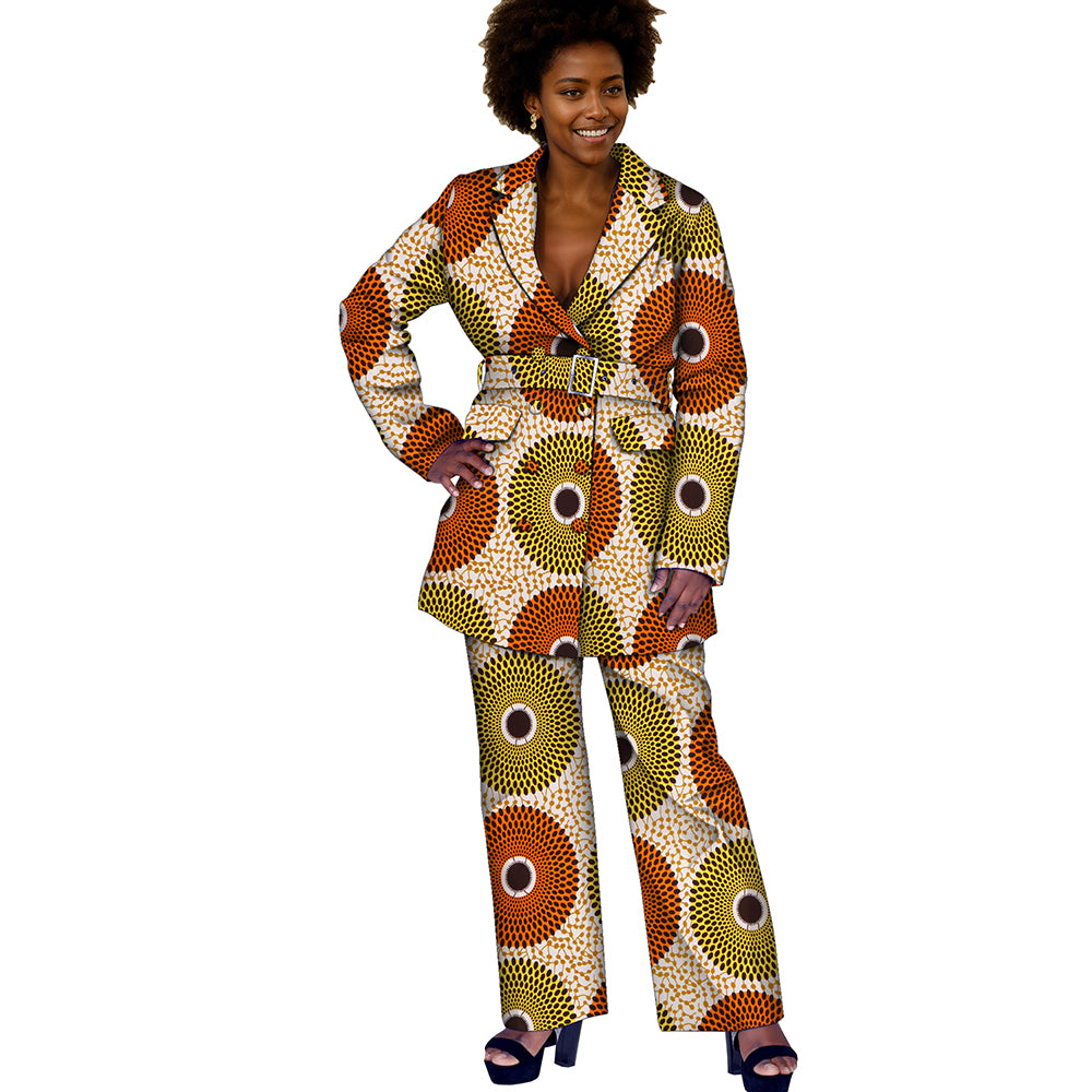 African Women Print  Kente Top and Pants  Set with Belt  FH033