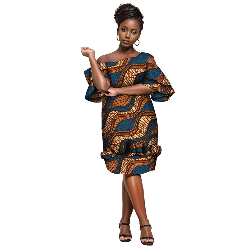 African Women Print Dress  Knee Length Dress with Ruffle Edge   Fashion Ankara Dress WY5294