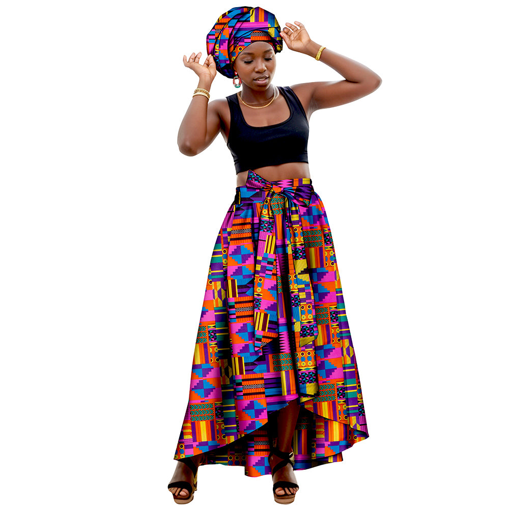 African Women's Long High Waist Maxi Skirt Ankara Print Matching Headwrap WY10072