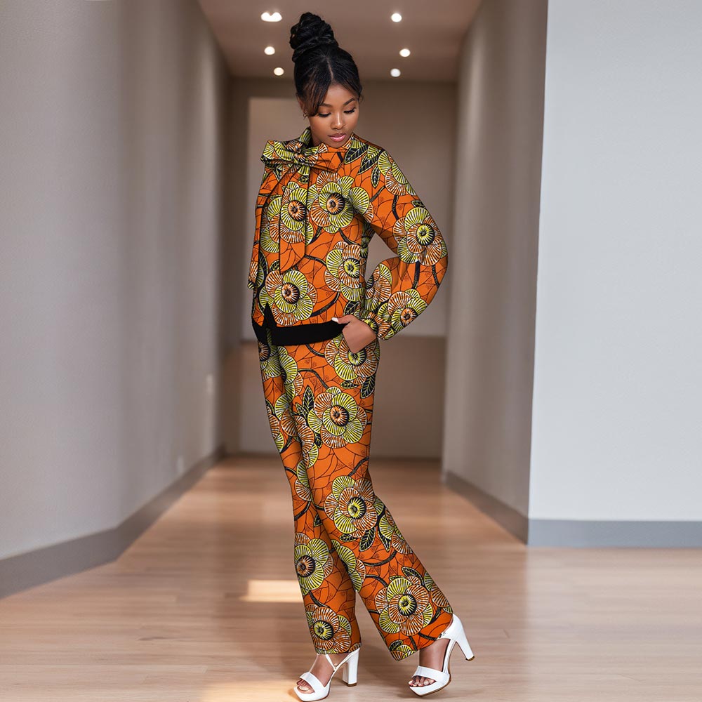 African women suit Long sleeve bow top and pants suit WY8565