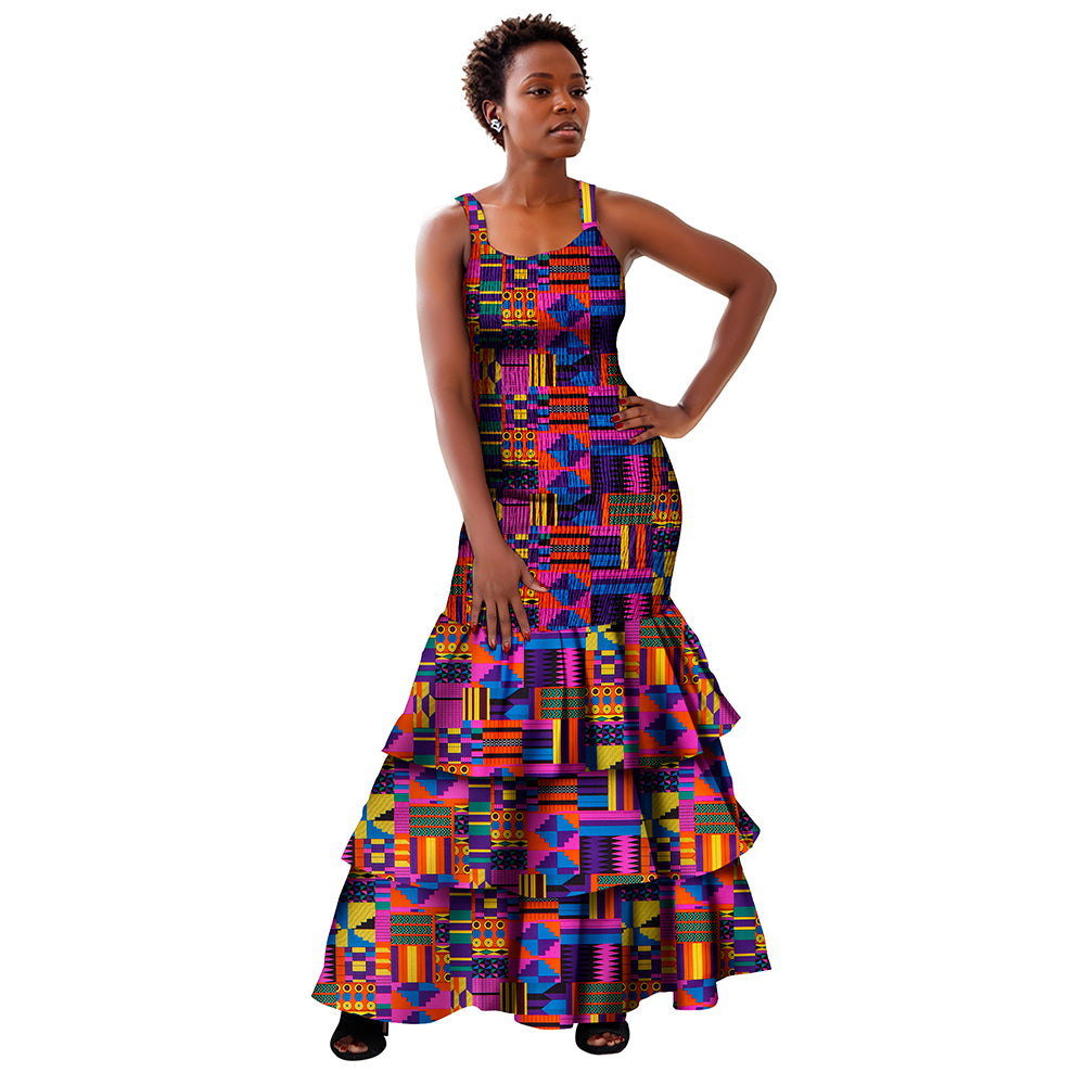 African Women Dresses   Summer Sleeveless Ruffle Dress   Dashiki Bodycon Dress  WY298