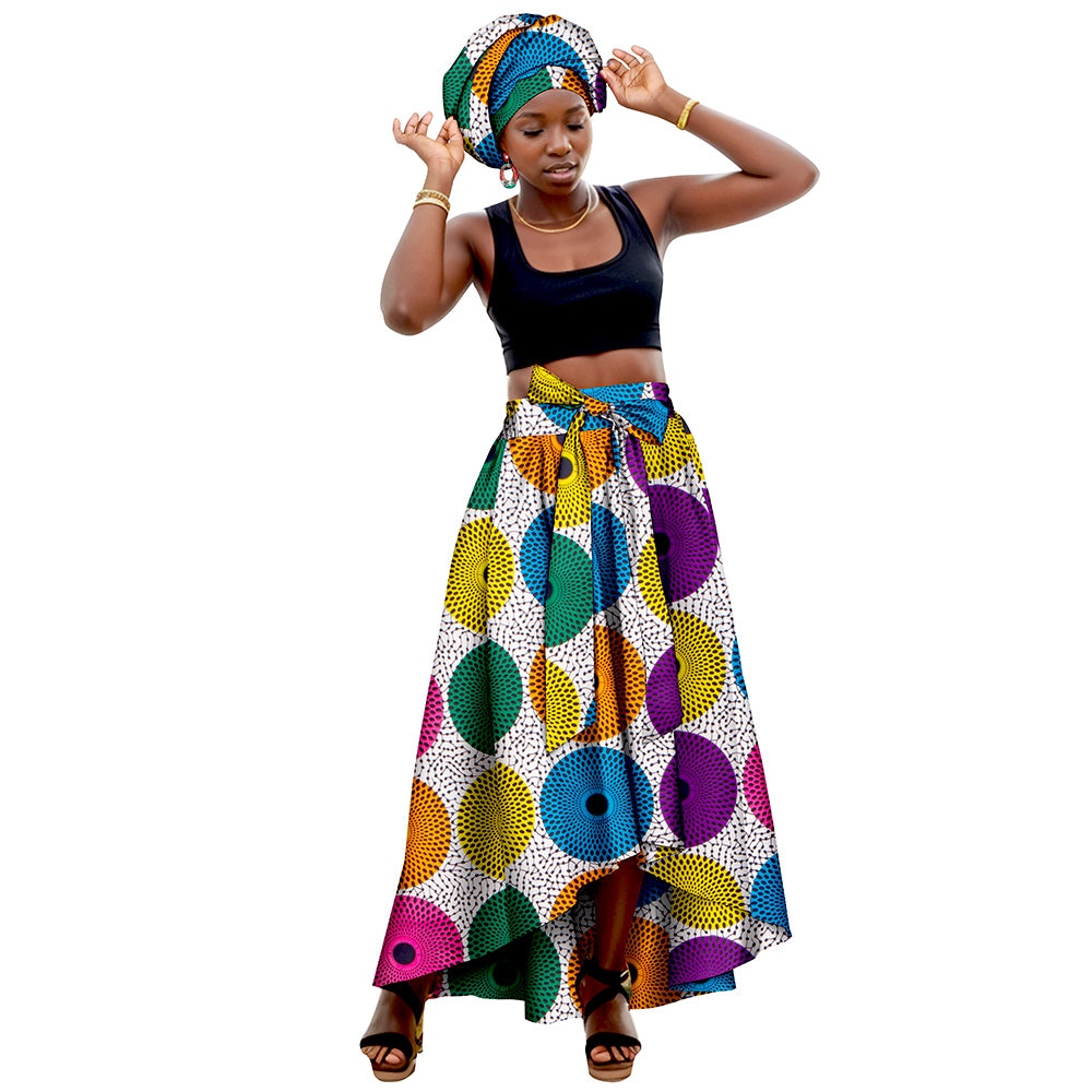 African Women's Long High Waist Maxi Skirt Ankara Print Matching Headwrap WY10072