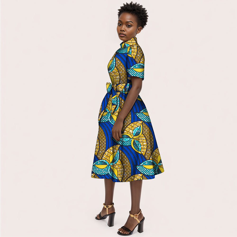 African women's printed dress with waist bow WY082