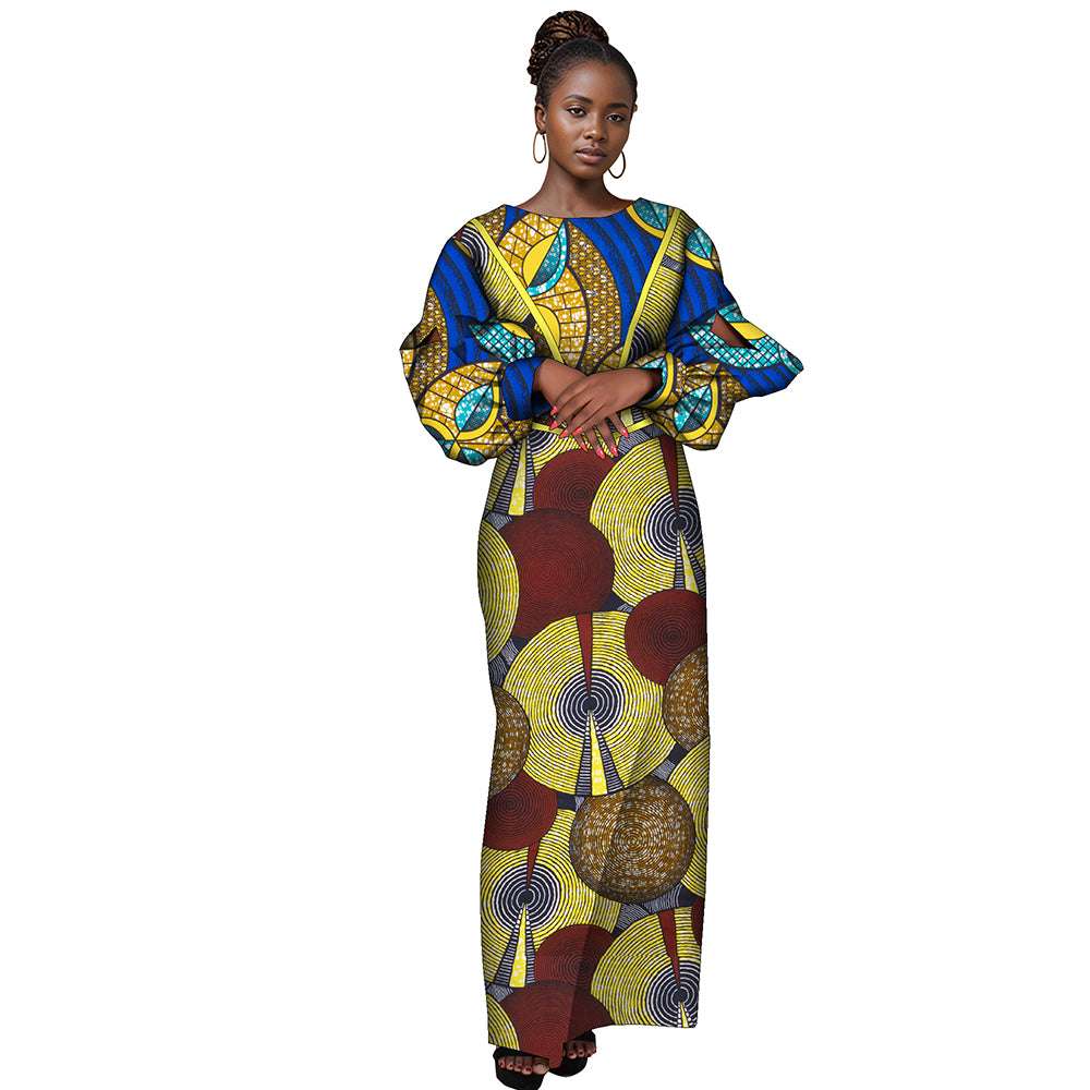 African women dress  crew neck patchwork long sleeve high waisted party dress WY9991