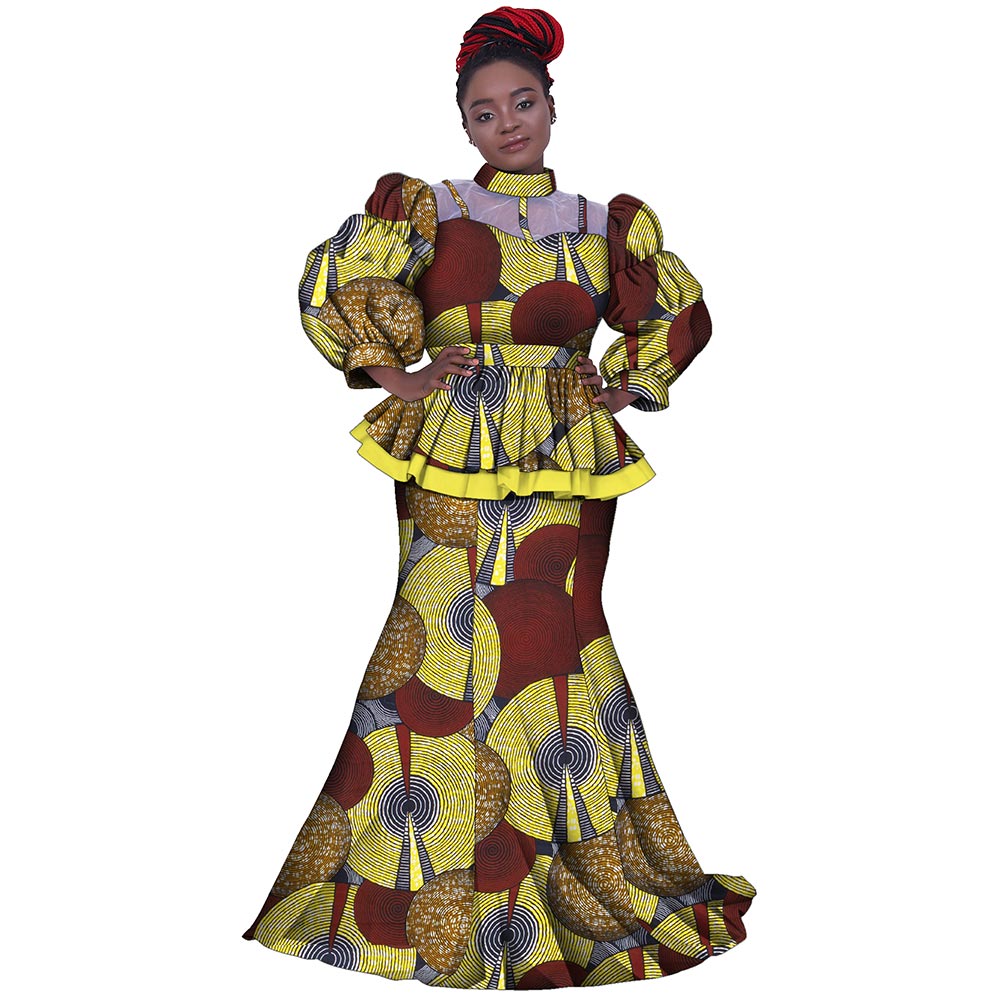 2 Pieces Set Women Skirt and Top Set African Clothes for Women Print Clothing Ankara Blouse and Split Skirts Suits Set WY8456