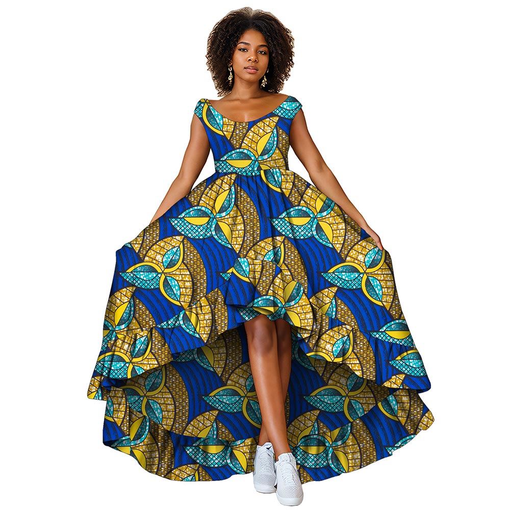 African women dress  deep round neck Ankara Kent traditional wax print party dress WY8373