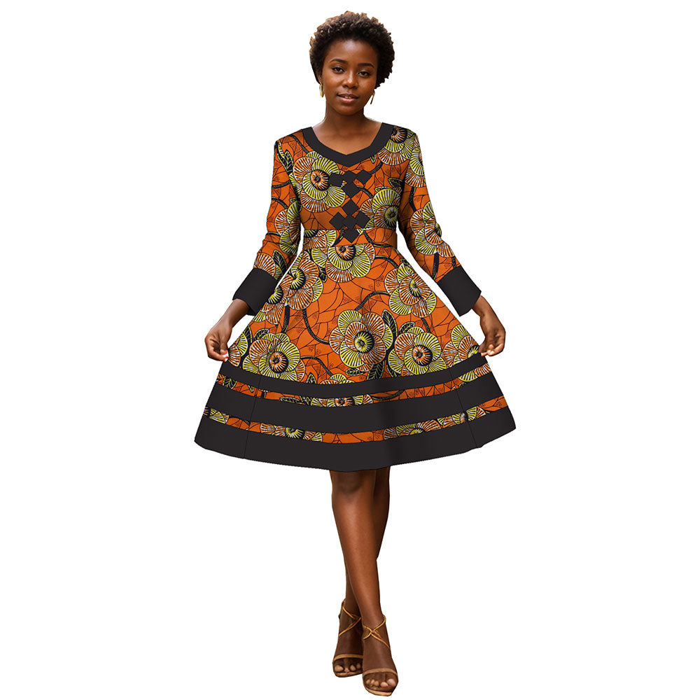 African Women dress long sleeve patchwork knee-length high-waisted dress WY3001