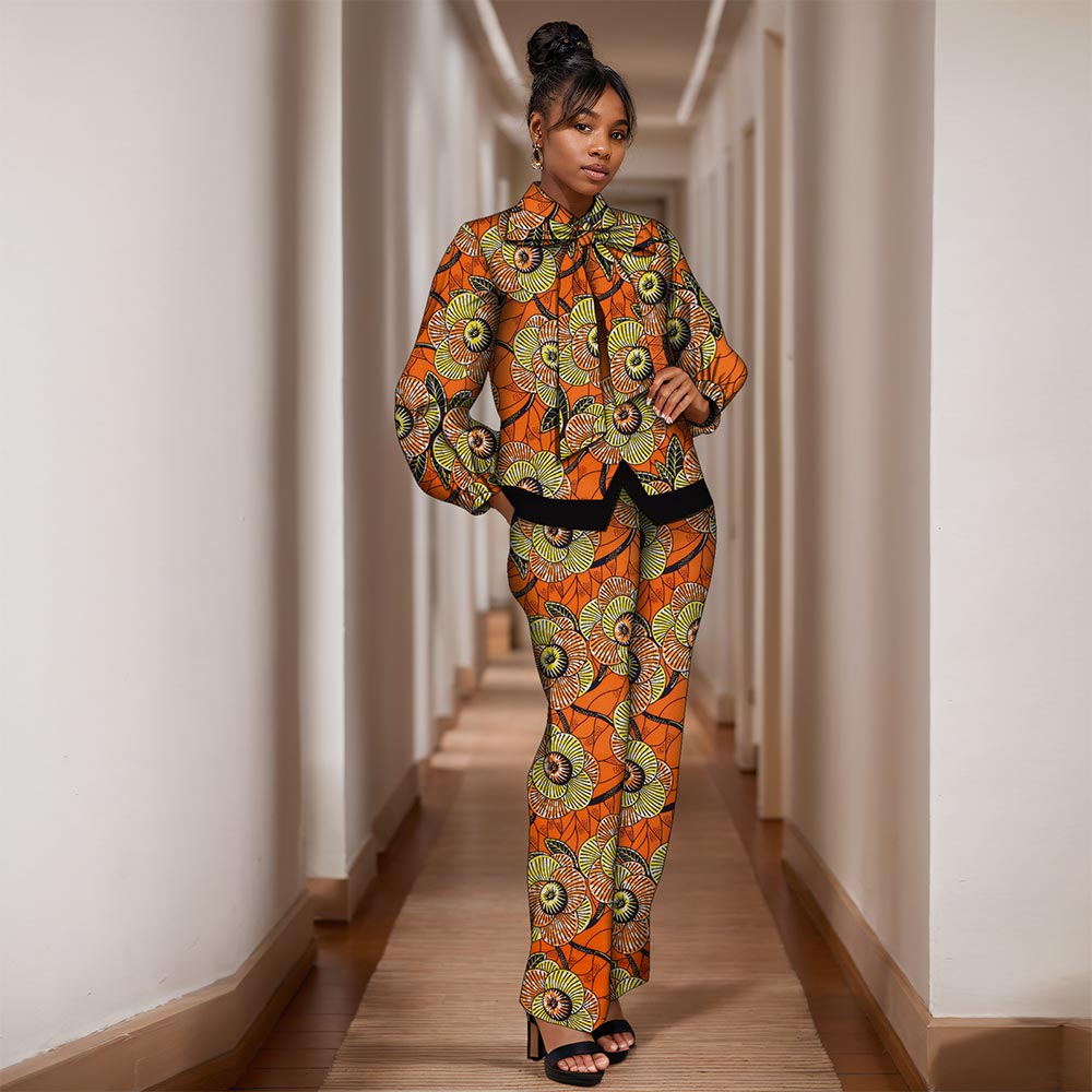 African women suit Long sleeve bow top and pants suit WY8565