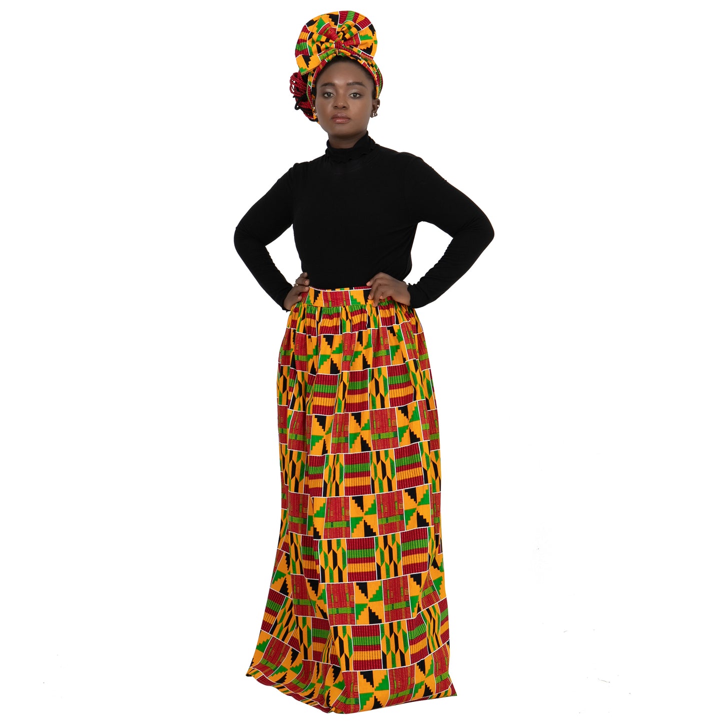 Women's Long High Waist Maxi Cotton African Skirt Ankara Print Matching Headwrap WY1270