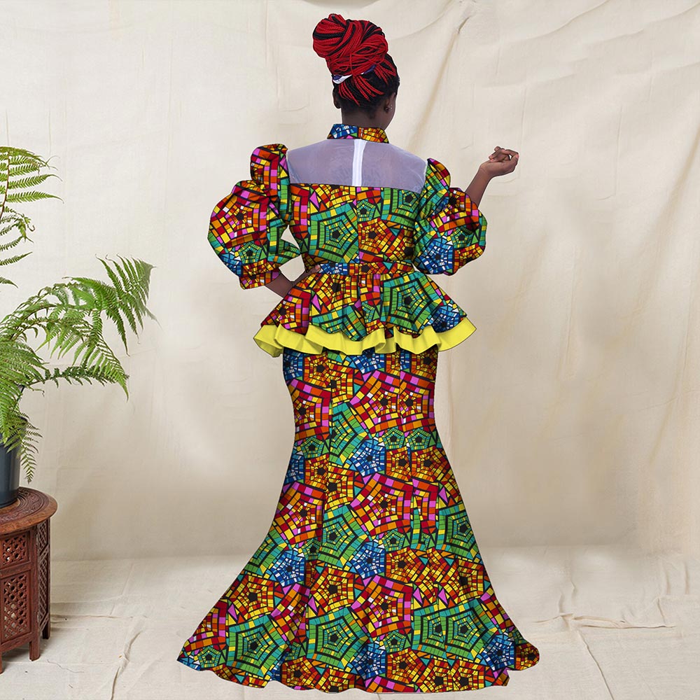 2 Pieces Set Women Skirt and Top Set African Clothes for Women Print Clothing Ankara Blouse and Split Skirts Suits Set WY8456