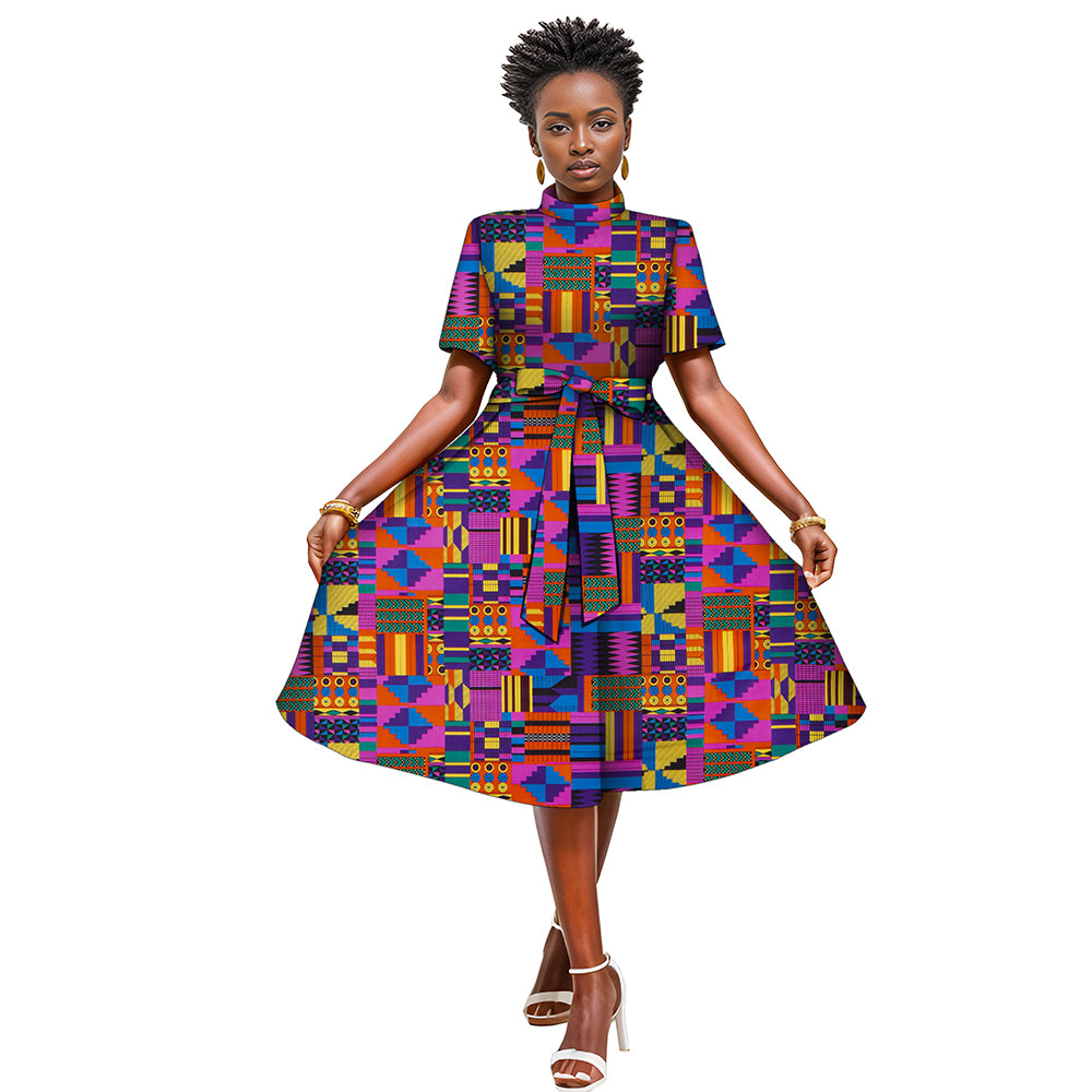 African women's printed dress with waist bow WY082