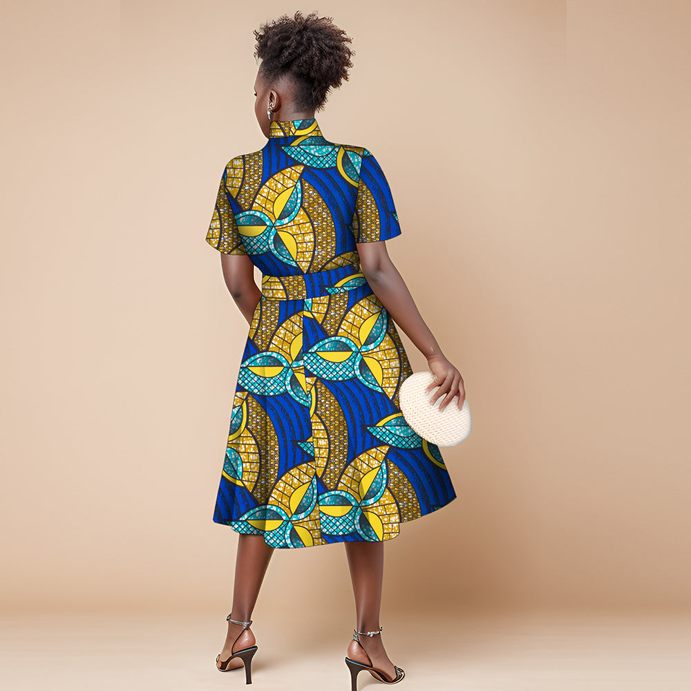 African women's printed dress with waist bow WY082