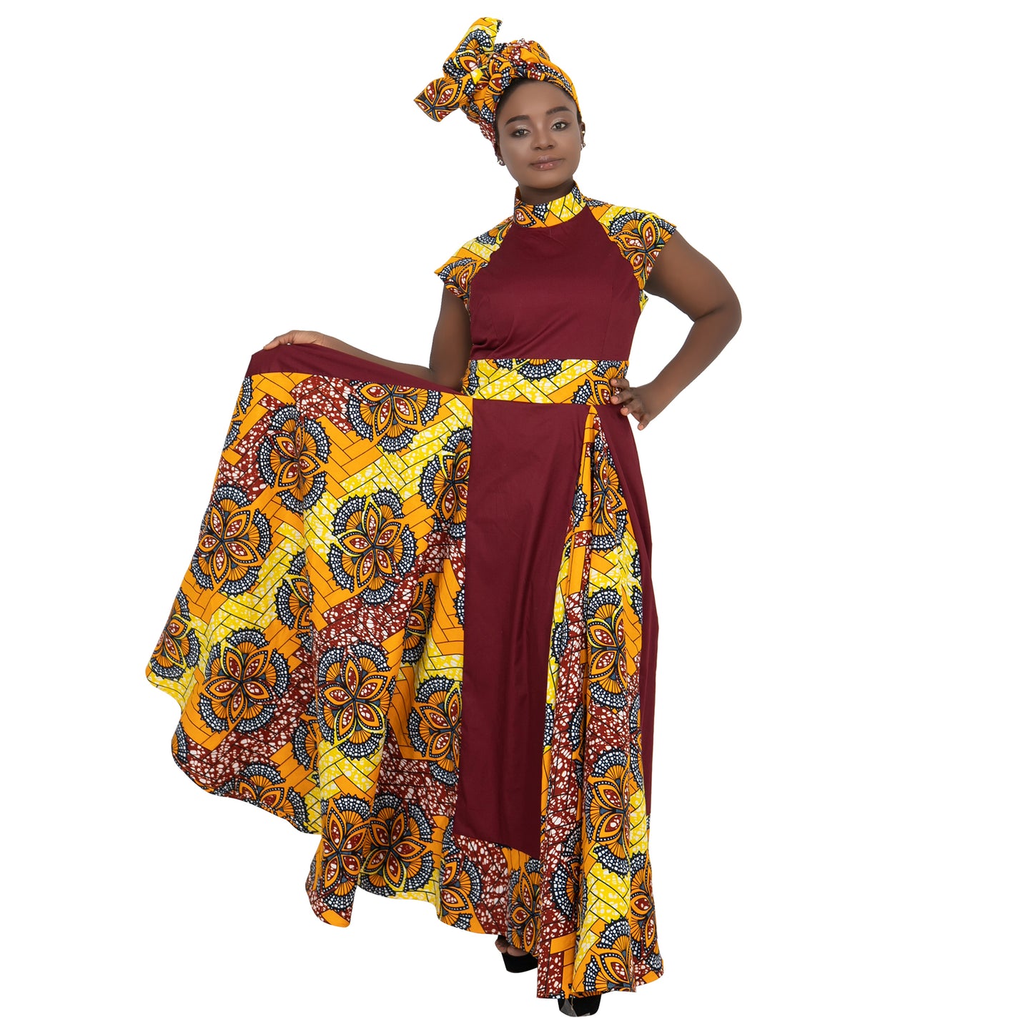 African Dresses for Women Long Skirt Traditional Ankara Kente Print Casual with Scarf WY1173