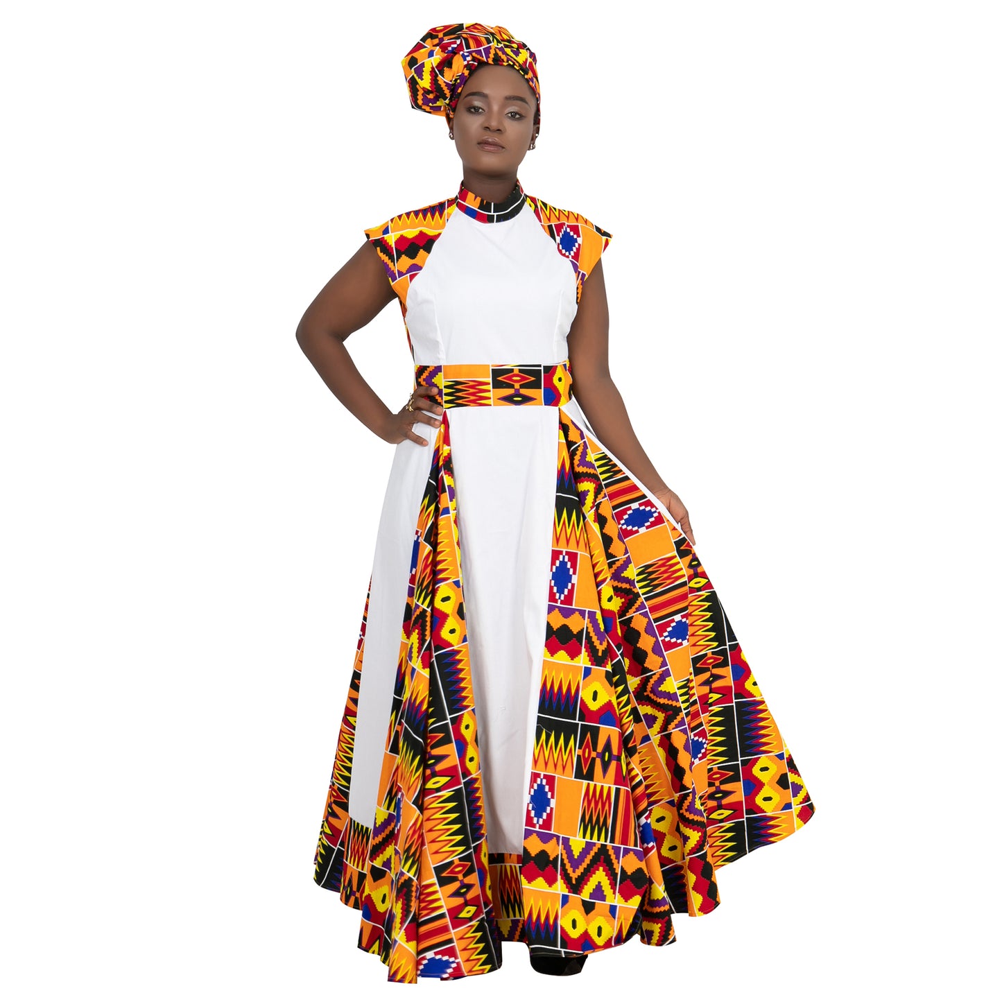 African Dresses for Women Long Skirt Traditional Ankara Kente Print Casual with Scarf WY1173