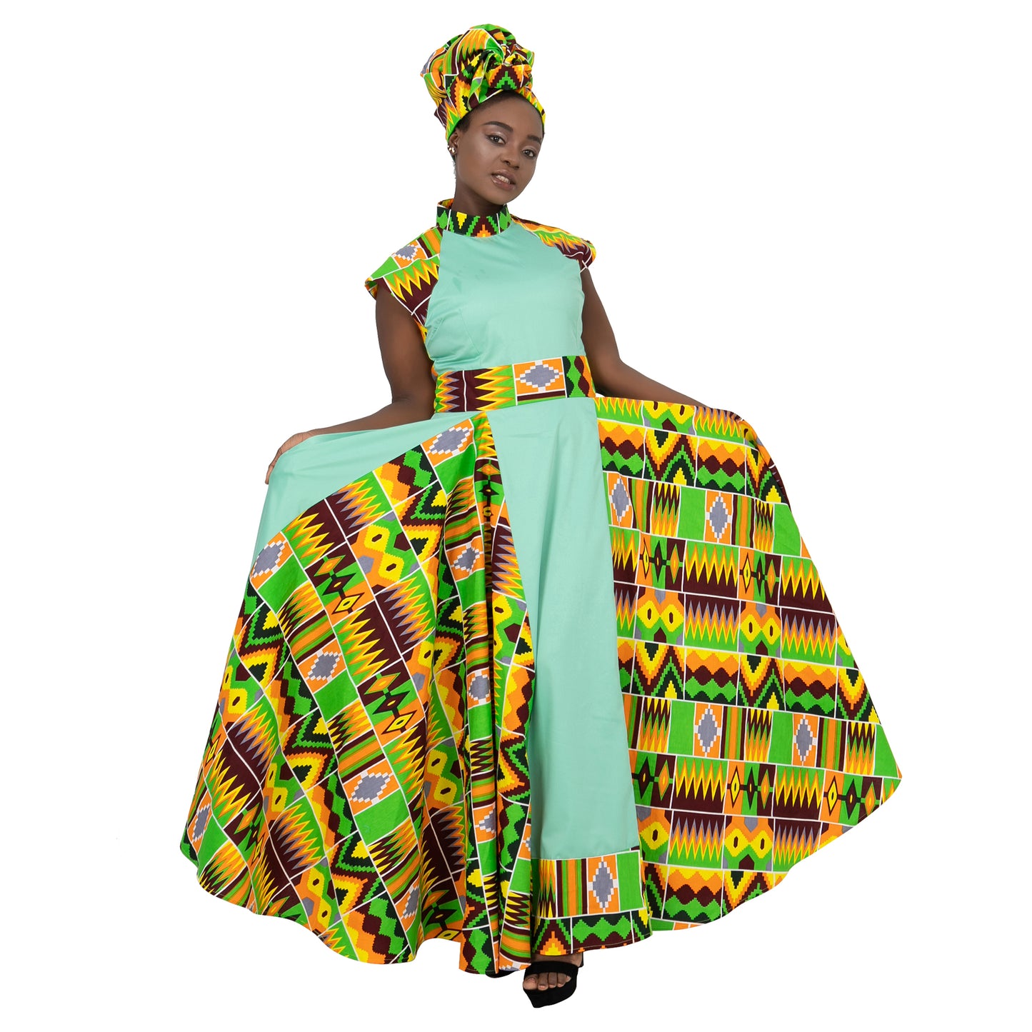 African Dresses for Women Long Skirt Traditional Ankara Kente Print Casual with Scarf WY1173