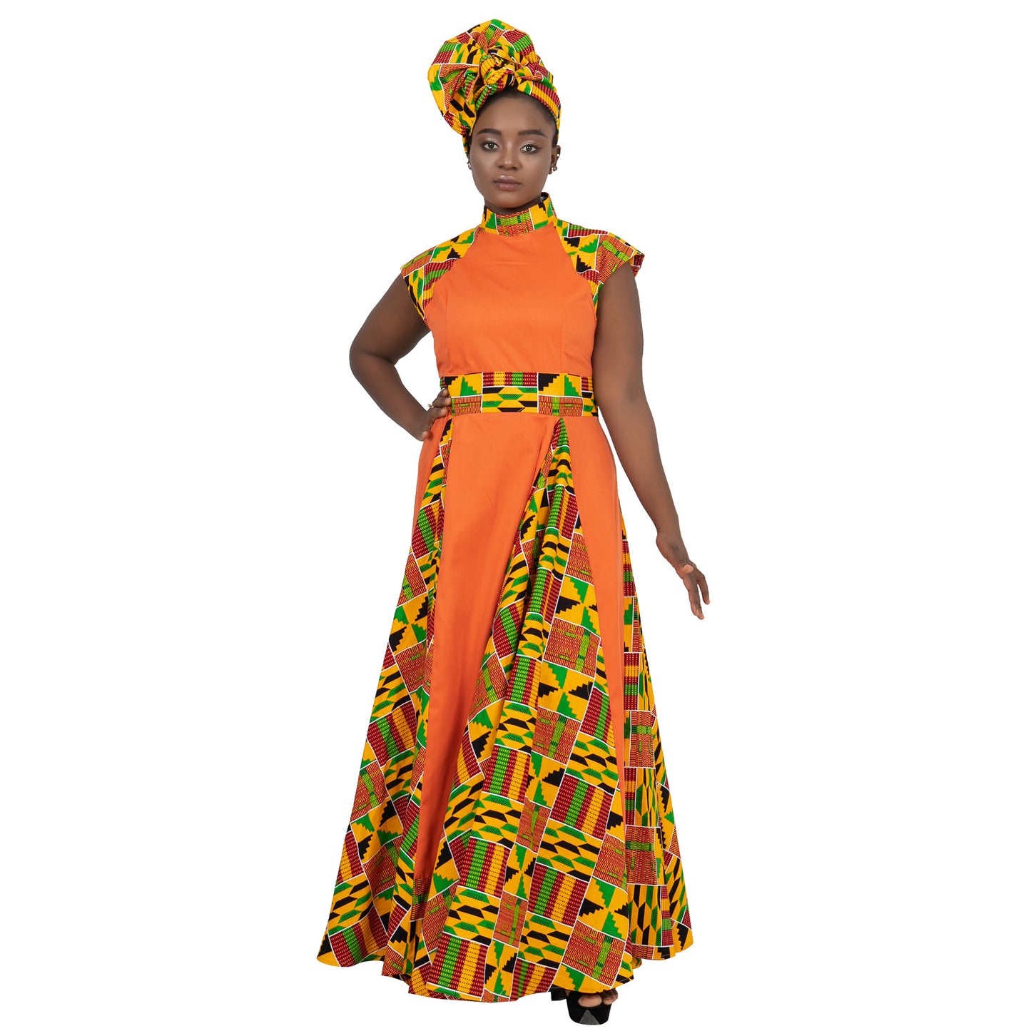 African Dresses for Women Long Skirt Traditional Ankara Kente Print Casual with Scarf WY1173