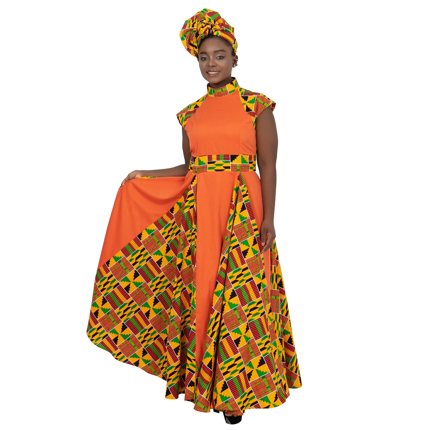 African Dresses for Women Long Skirt Traditional Ankara Kente Print Casual with Scarf WY1173