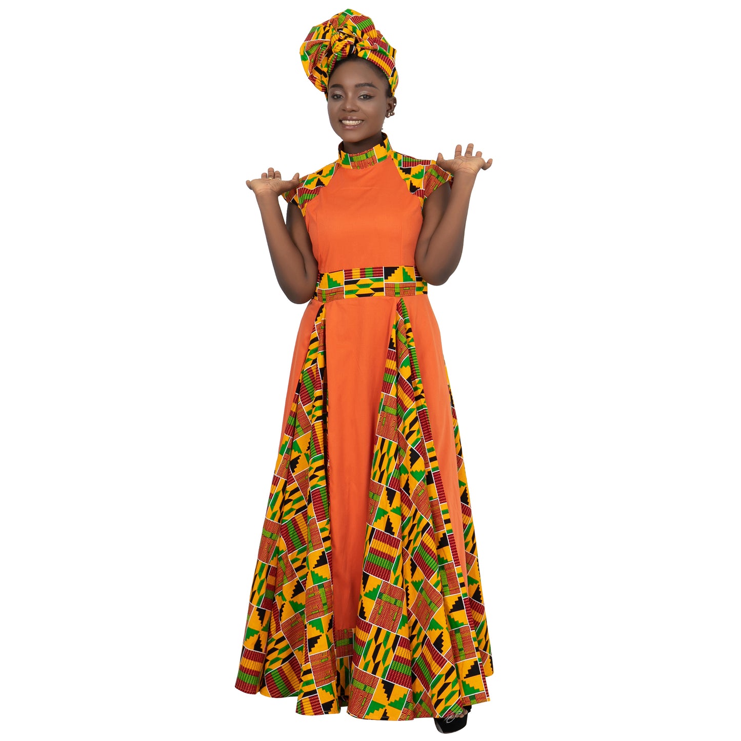 African Dresses for Women Long Skirt Traditional Ankara Kente Print Casual with Scarf WY1173