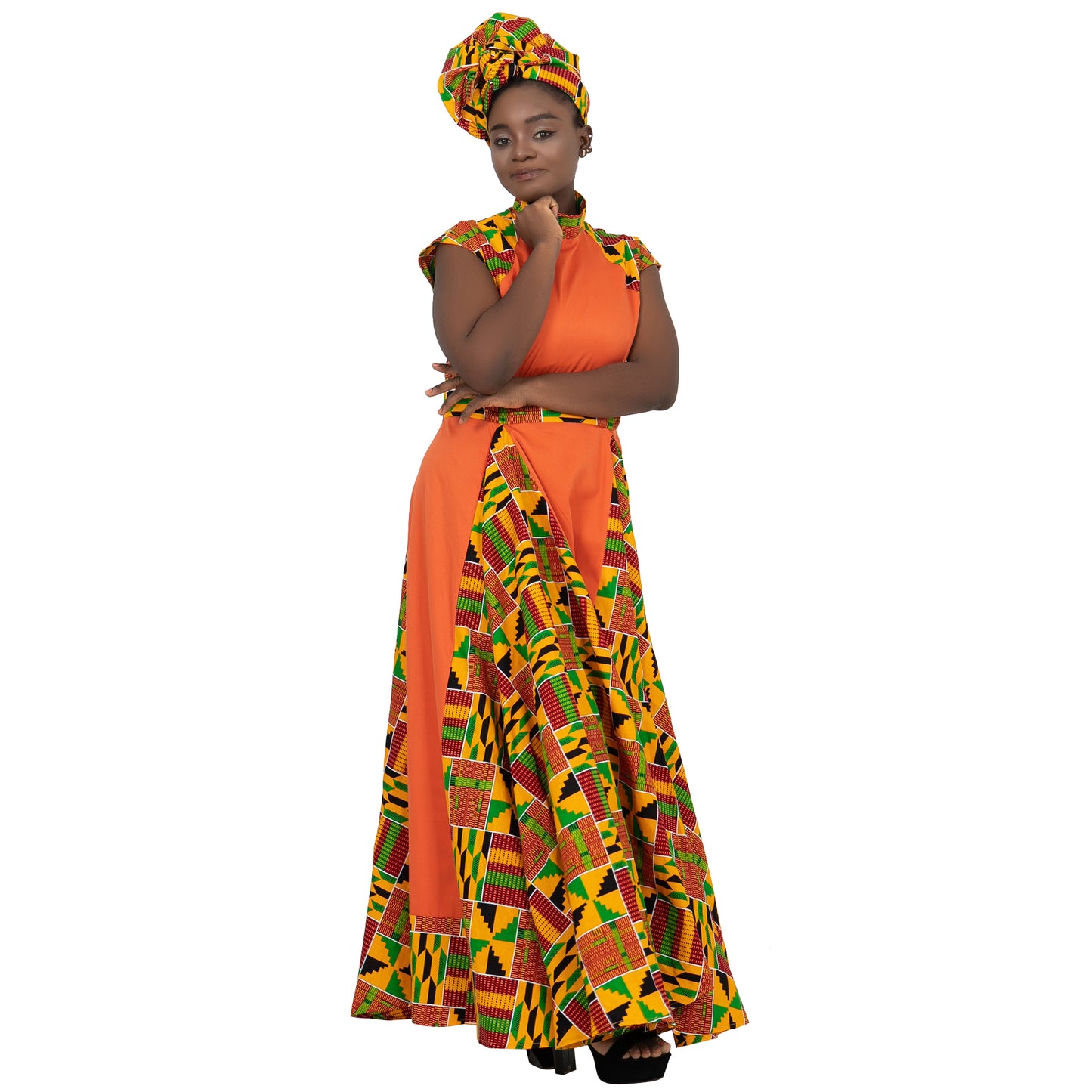 African Dresses for Women Long Skirt Traditional Ankara Kente Print Casual with Scarf WY1173