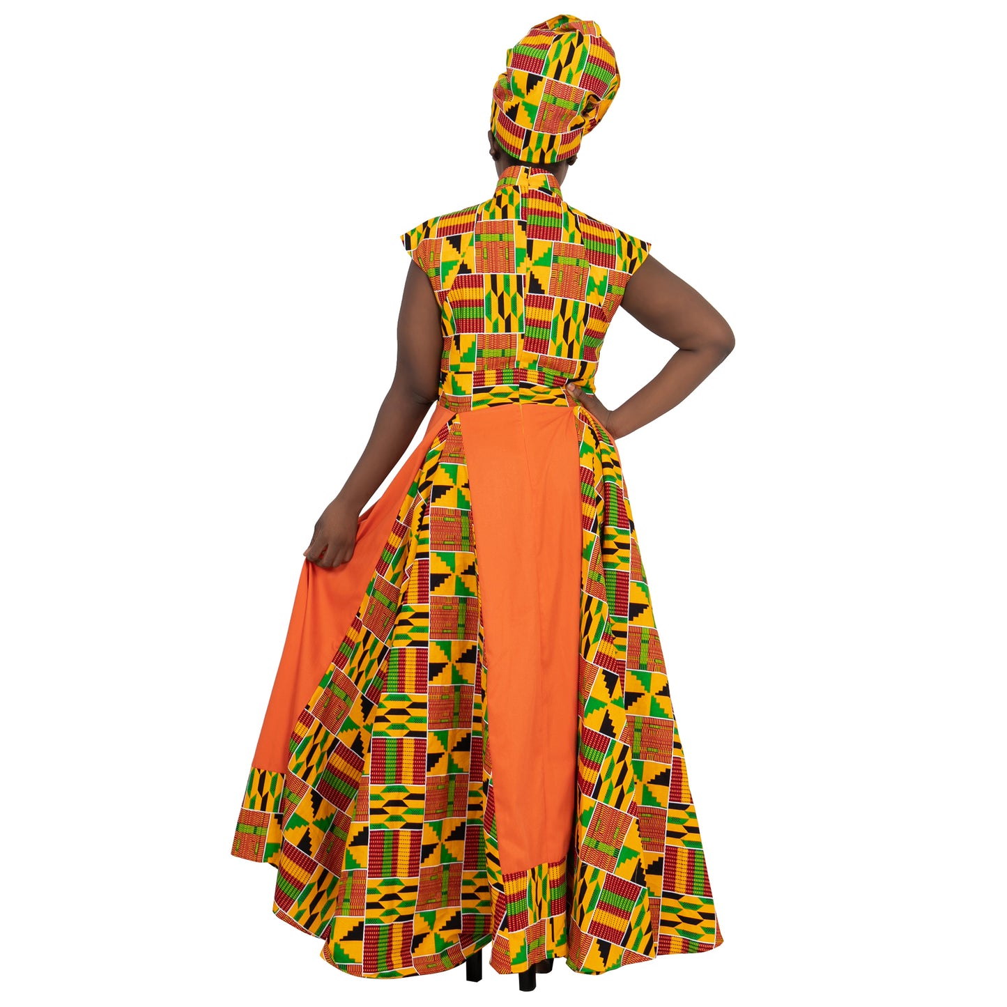 African Dresses for Women Long Skirt Traditional Ankara Kente Print Casual with Scarf WY1173