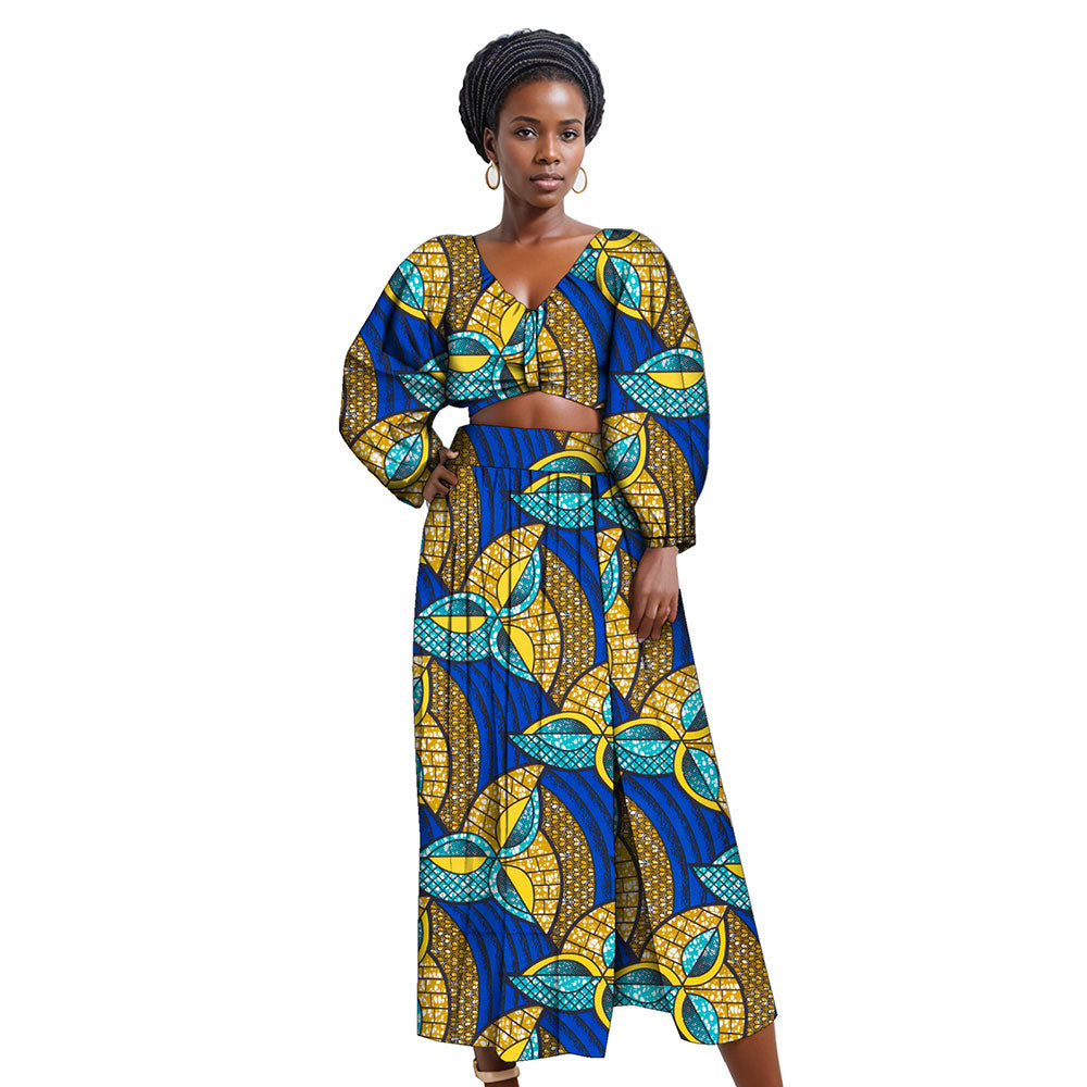 African women suit long sleeve V-neck crop top high slit ankle length skirt suit FH041