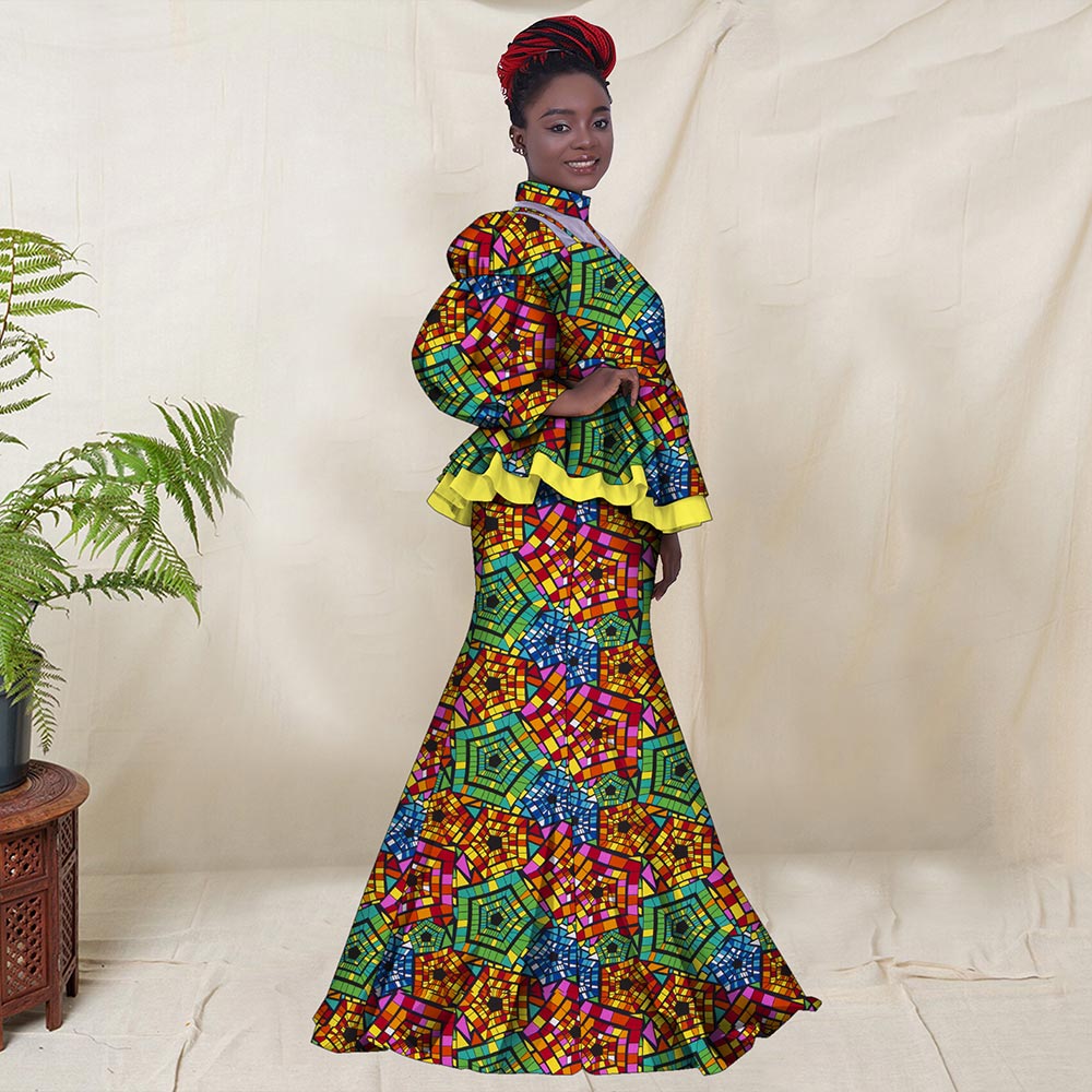 2 Pieces Set Women Skirt and Top Set African Clothes for Women Print Clothing Ankara Blouse and Split Skirts Suits Set WY8456