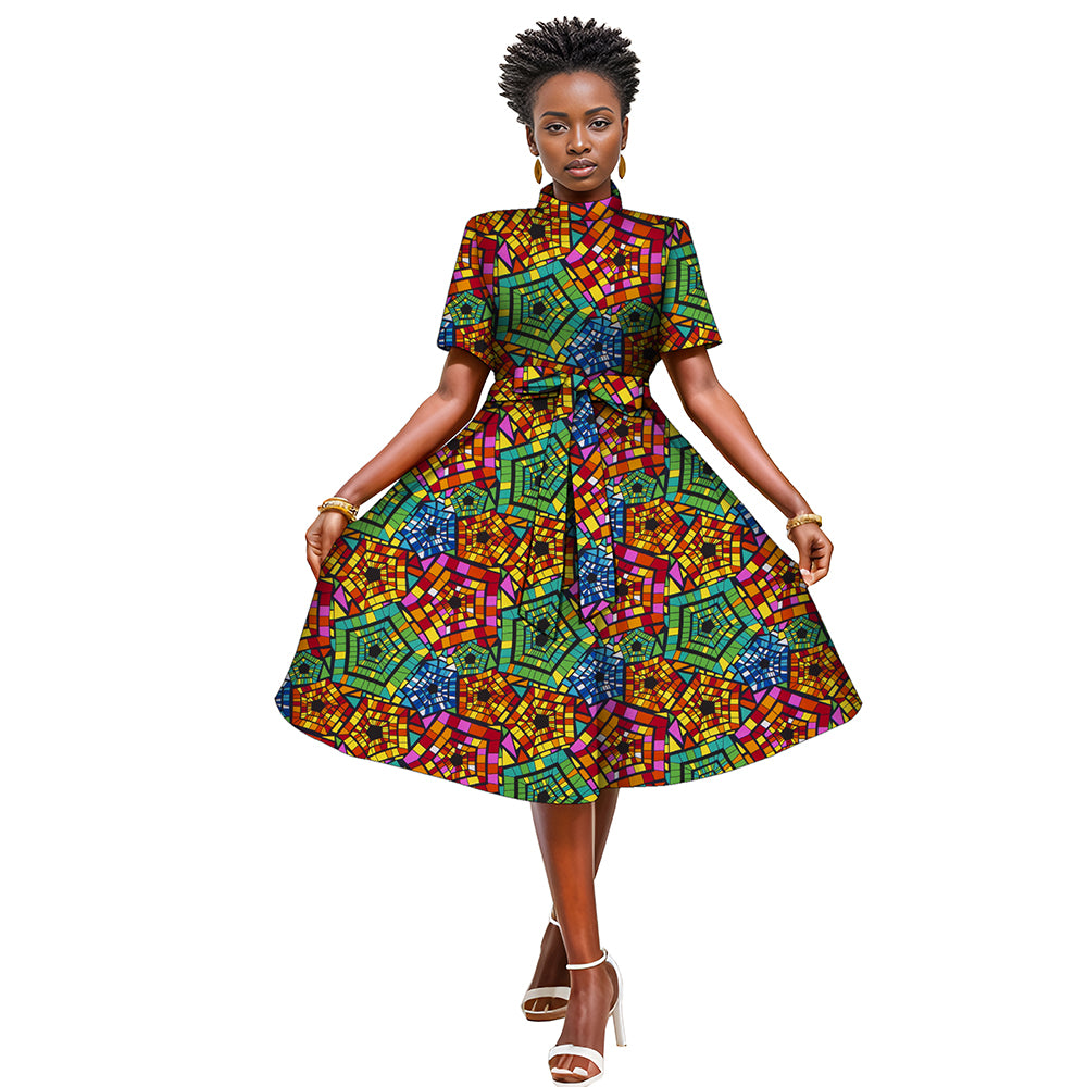 African women's printed dress with waist bow WY082