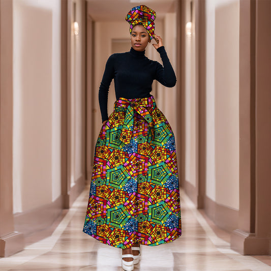 African Ankara Half Skirts for Women Fashion High Waist Elegant Long Skirt Matching Headwrap WY268