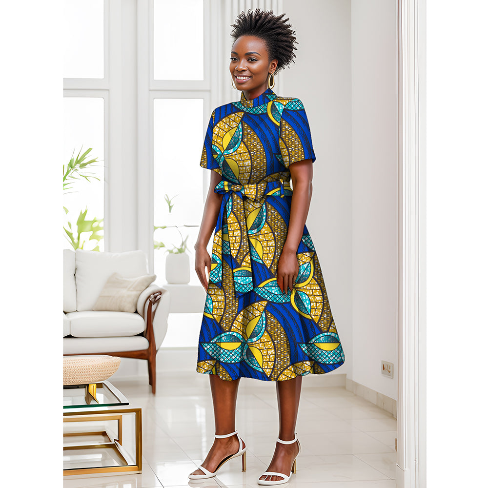 African women's printed dress with waist bow WY082